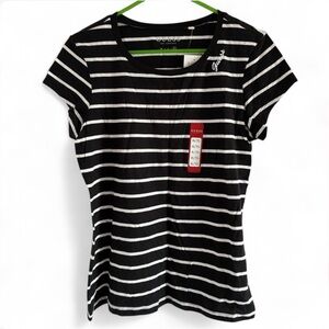 GUESS EAC Black & White Striped Tee with Script Logo
